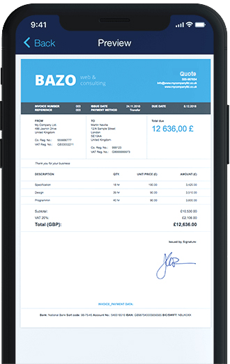 Preview of a created business quote on a mobile phone Preview of a created business quote on a mobile phone